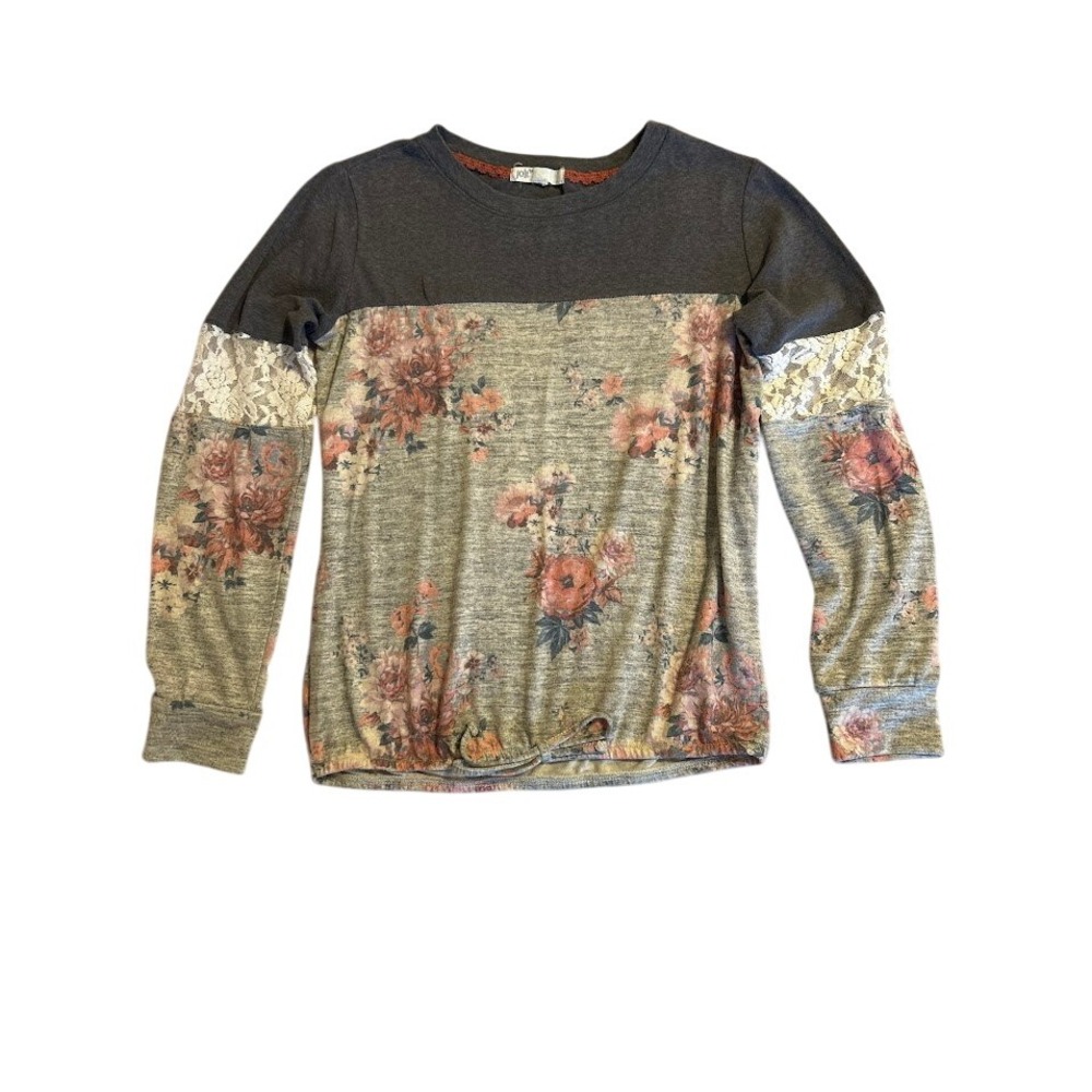Jolt Womens‎ Floral Print Long Sleeve Top Gray Lace Trim Medium M